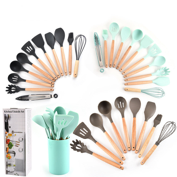 11-Piece Silicone Cooking Utensil Set – Heat-Resistant with Wooden Handles