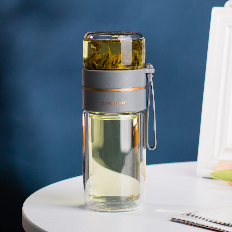 Glass Water Bottle with Tea Infuser – Leakproof Double-Wall Healthy Drink Bottle