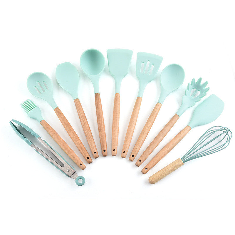 11-Piece Silicone Cooking Utensil Set – Heat-Resistant with Wooden Handles