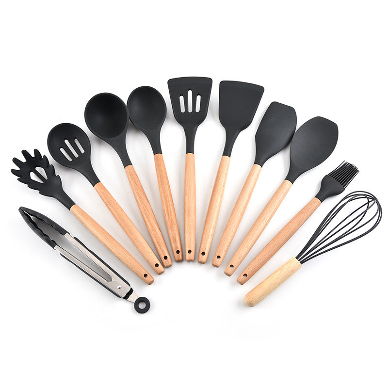 11-Piece Silicone Cooking Utensil Set – Heat-Resistant with Wooden Handles