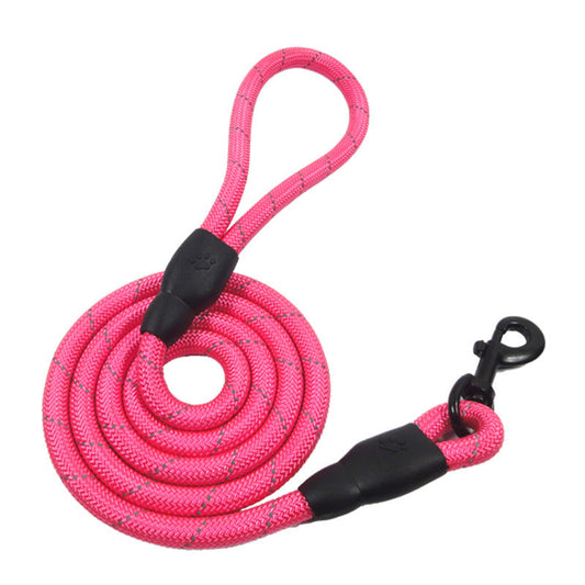Pink dog leash with black clips on a white background