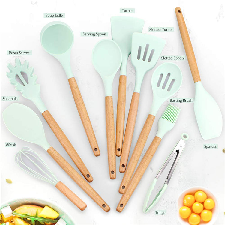 11-Piece Silicone Cooking Utensil Set – Heat-Resistant with Wooden Handles