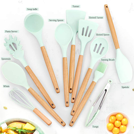 11-Piece Silicone Cooking Utensil Set – Heat-Resistant with Wooden Handles